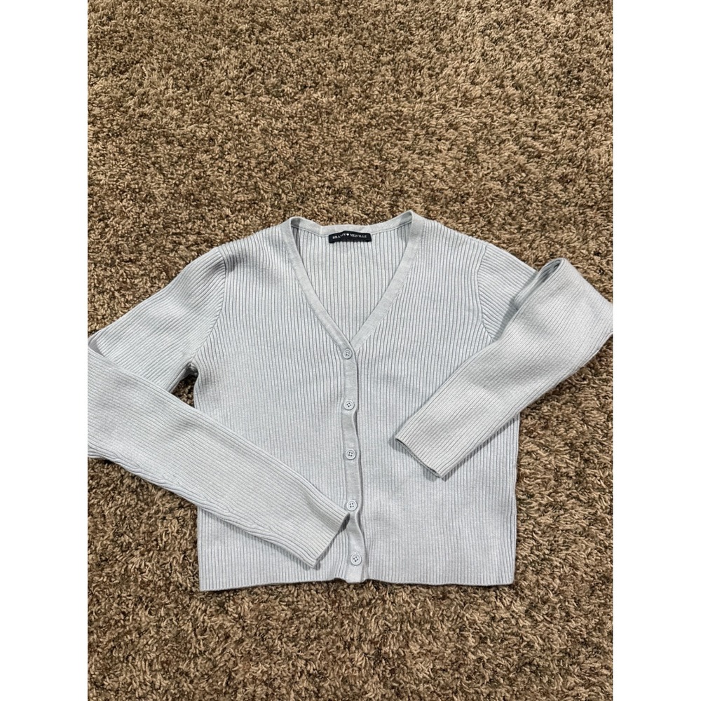 Brandy Melville Cardigan Light Blue Cropped Ribbed Knit Sweater Small (One Size)